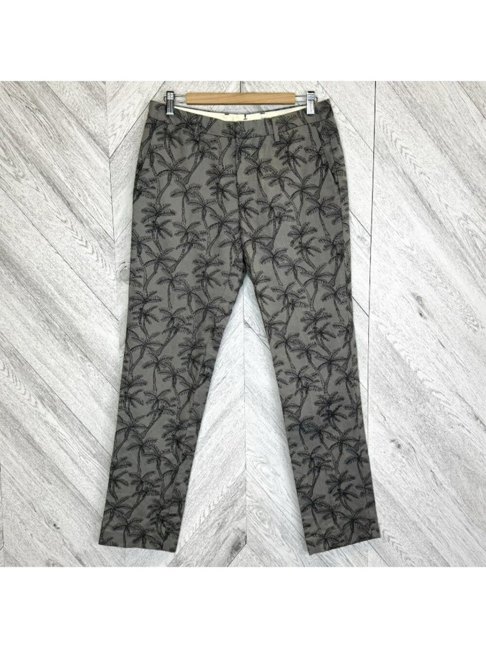 Bonobos Slim Fit Trouser Pants Gray Palm Print Linen Blend Size 31x32 Flat Front